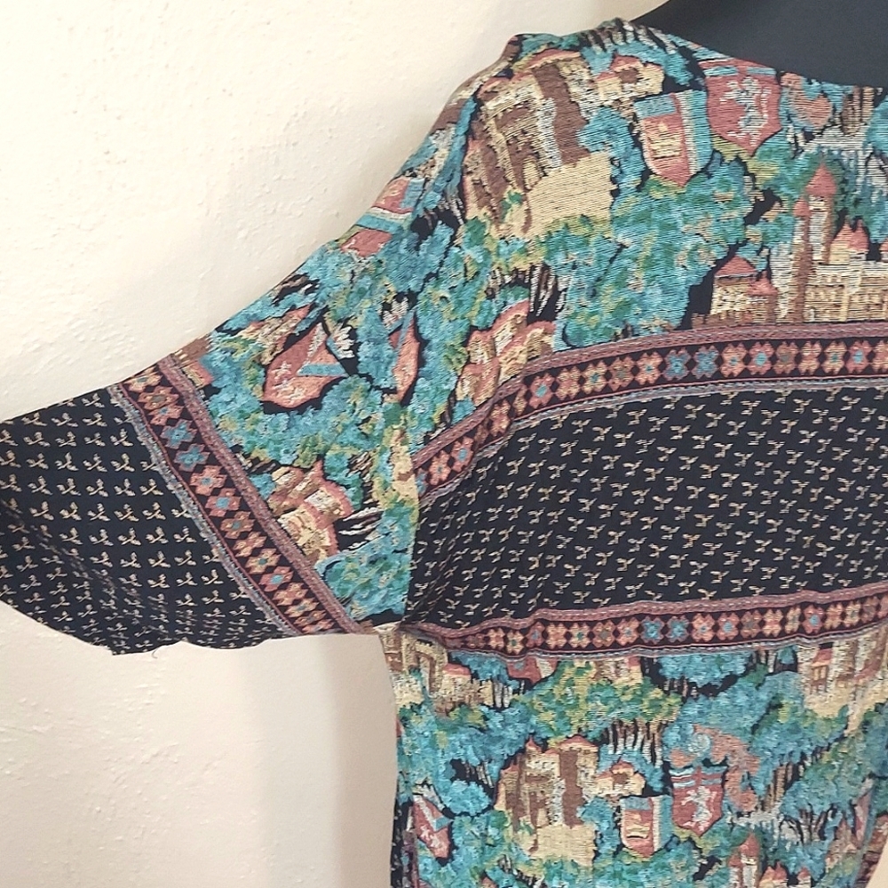 Women's 80s Vintage Karen Kane Boho Tapestry Tunic Top - Picture 4 of 9